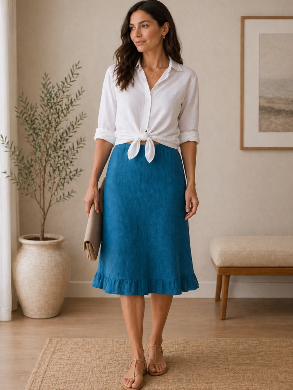 Bryn Walker Linen A-Line Skirt Teal Ruffle Hem Elastic Waist Large - Picture 8 of 8